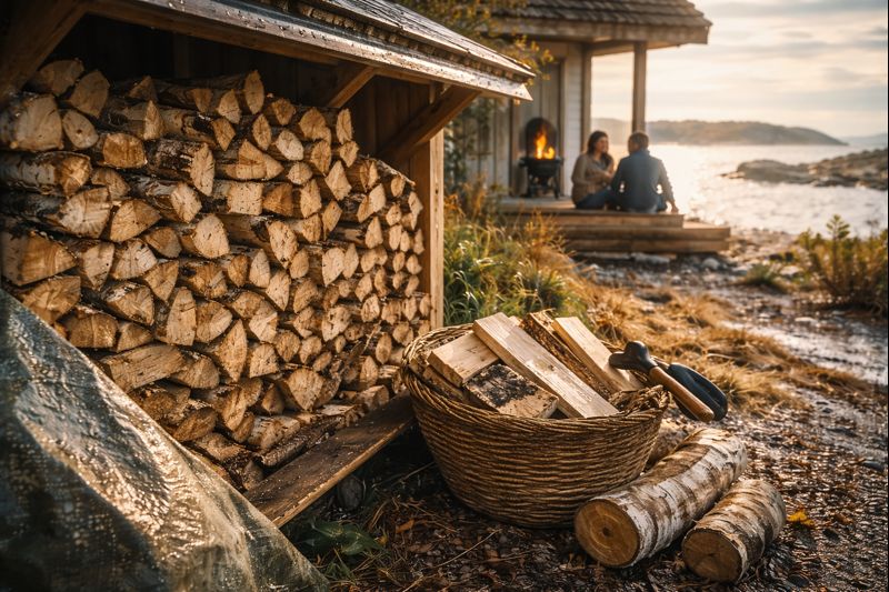 Vedklabbar av björk staplade utomhus